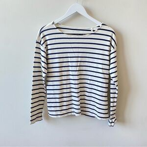 H&M Navy and White Organic Cotton Striped Boat Neck Top Women’s Size Medium